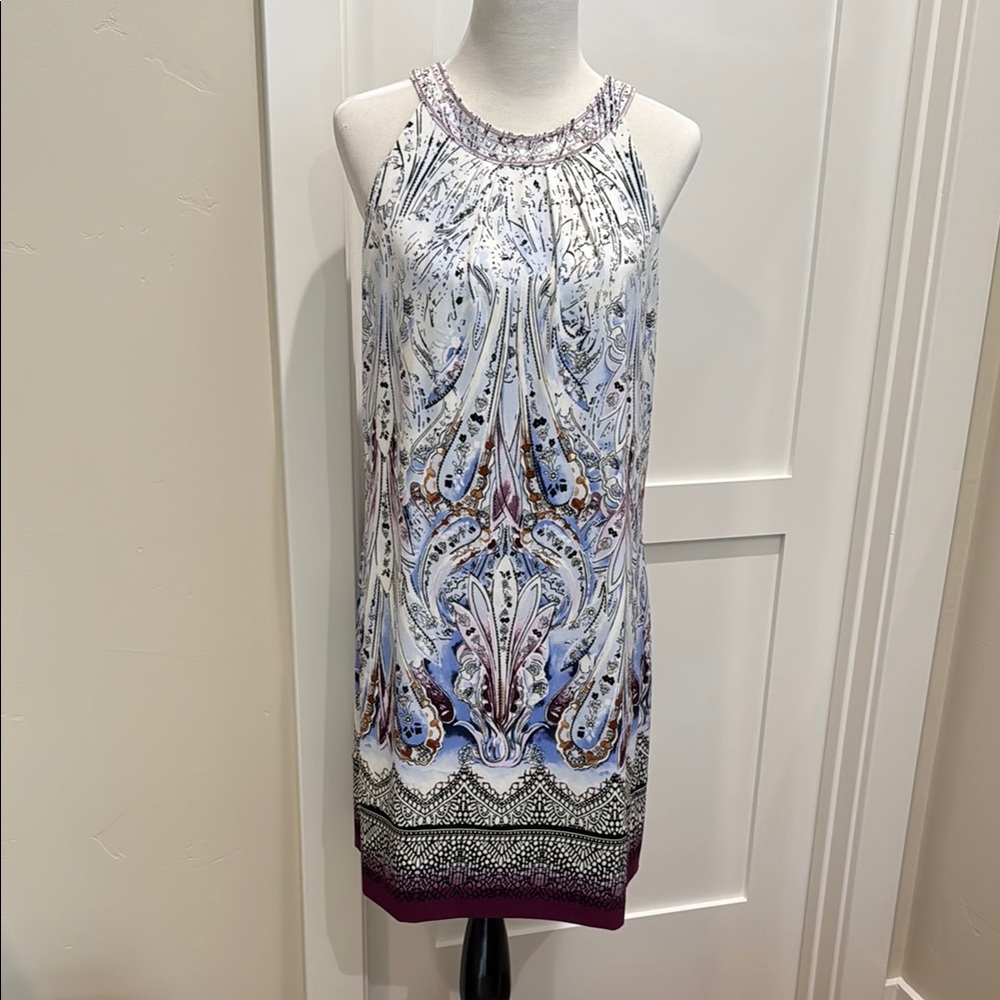 White House Black Market Blue Pleated Halter Sheath Dress